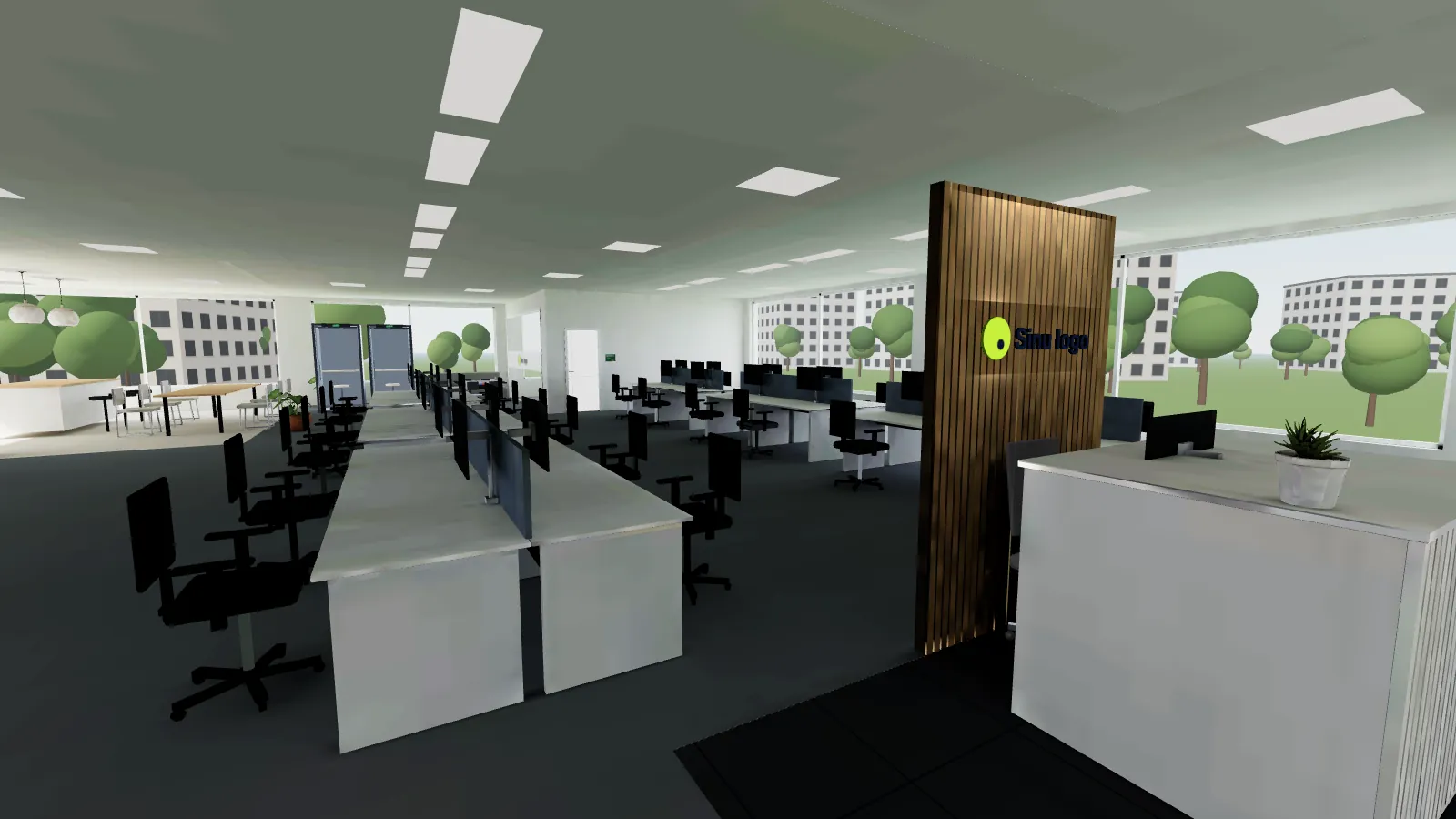 An open-plan office demo with a reception and logo wall