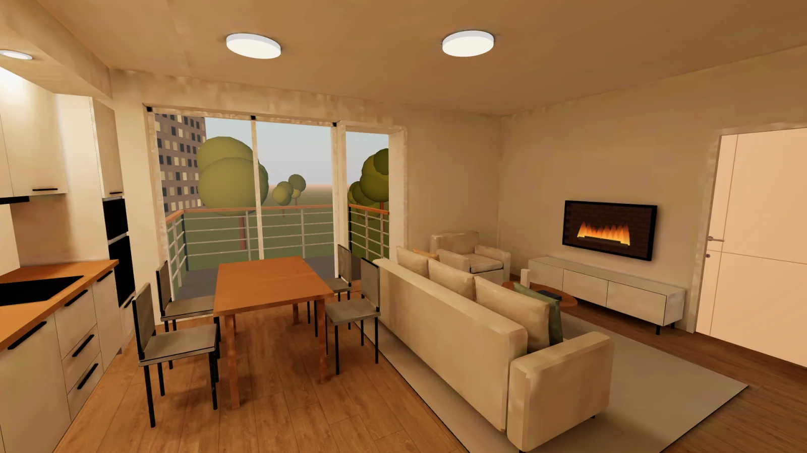 The living room in the evening with a fireplace channel on the TV